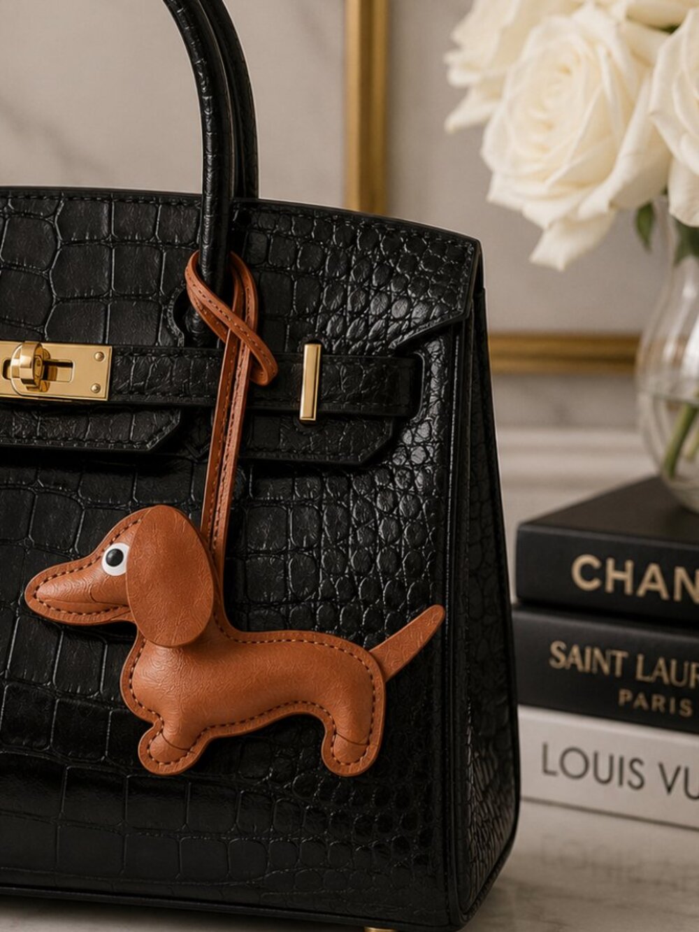 Dachshund Leather Bag Charm Dog Keychain Purse Accessory Doxie Brown
